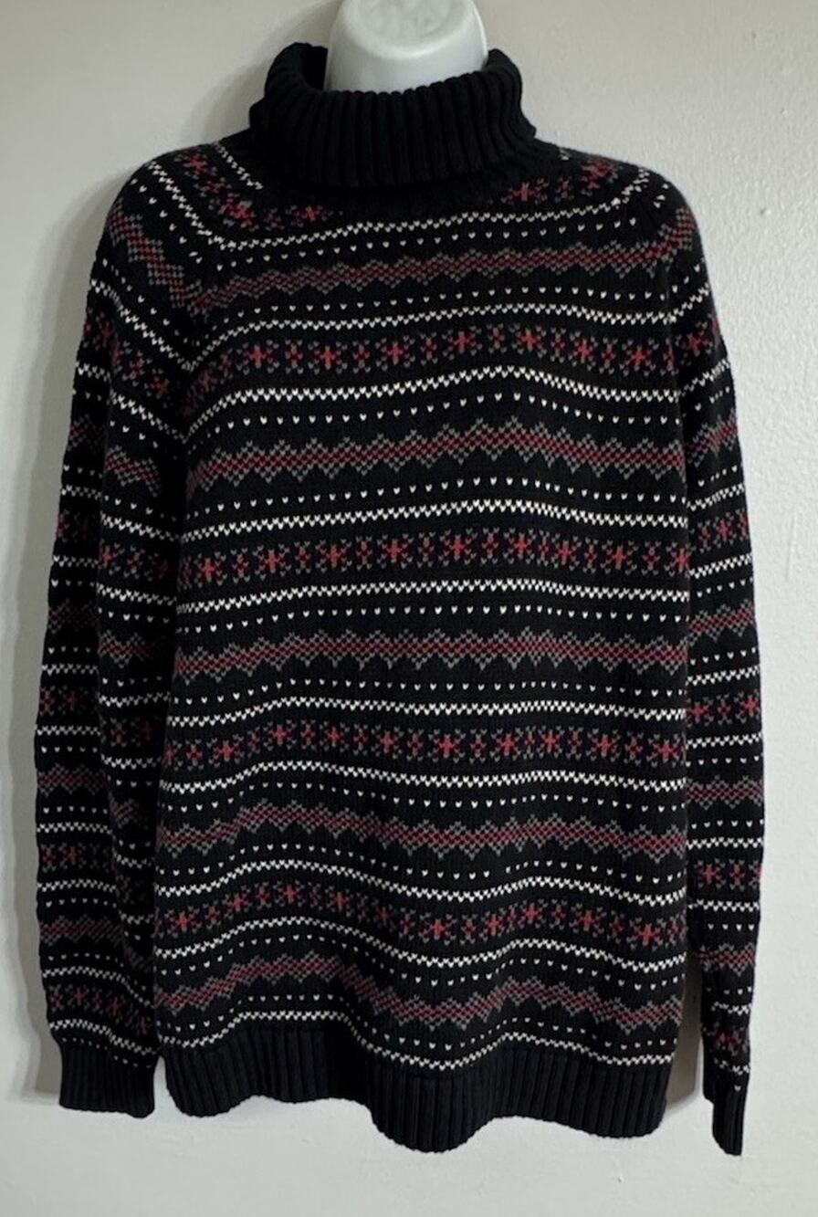 Lands’ End Sweater Turtleneck Women’s XL White Fair Isle Chunky Knit Vintage